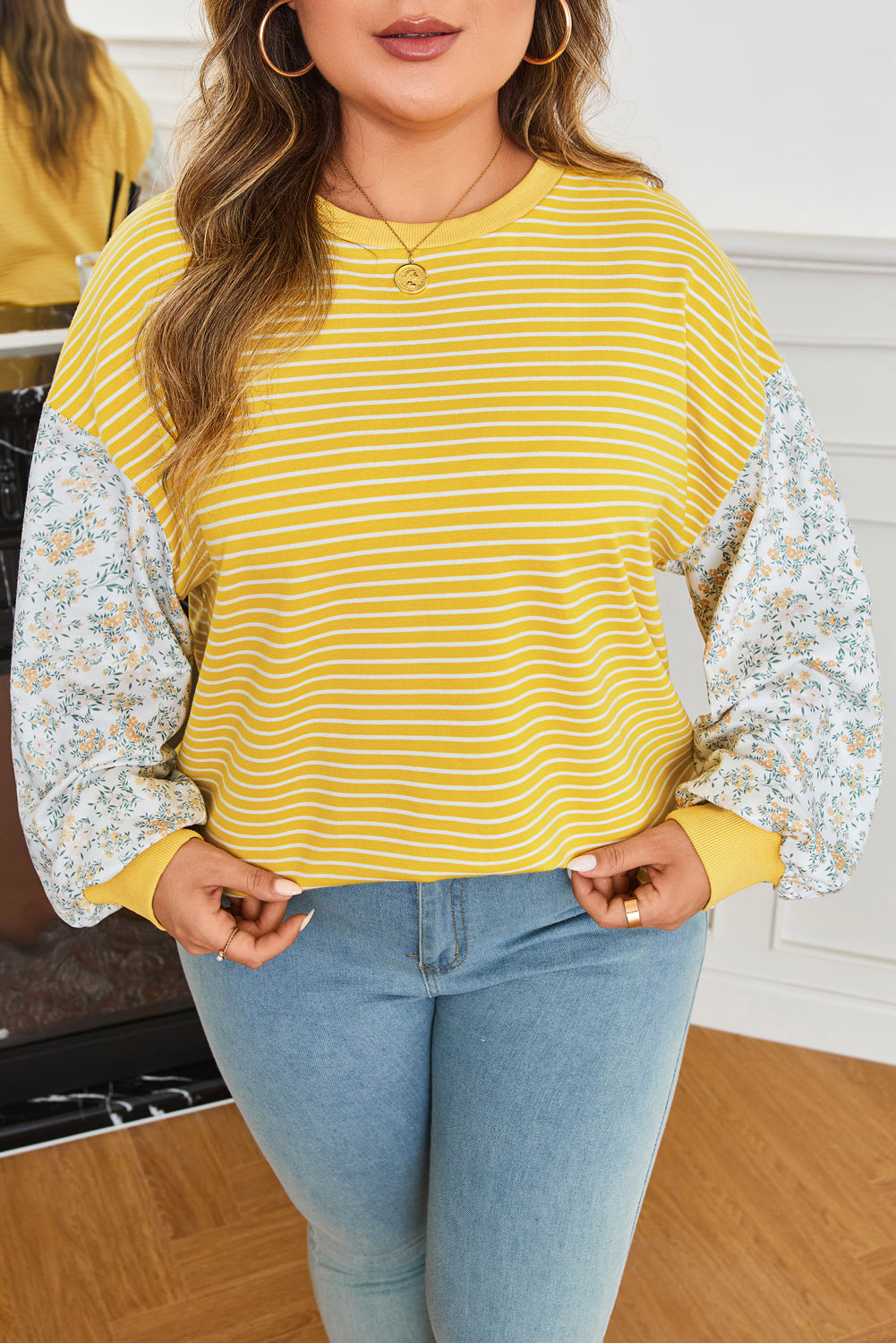 Plus Size Yellow Stripe Patchwork Top With Contrast Floral Sleeves