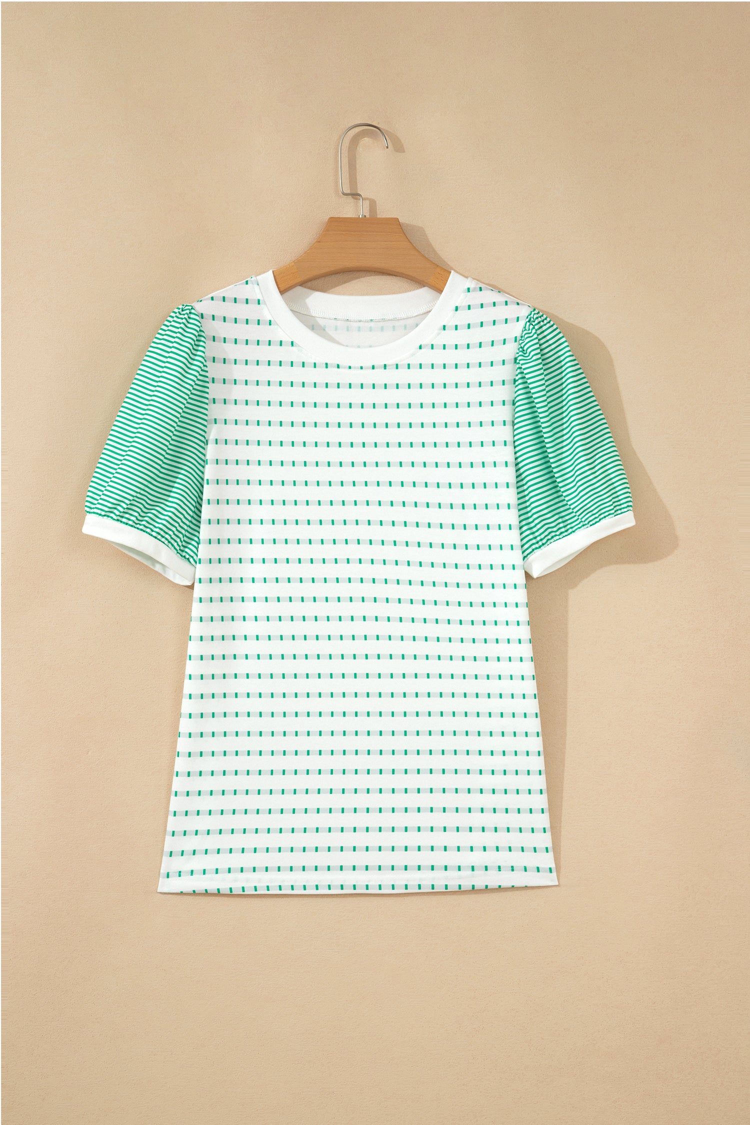 Green Striped Top With Short Puff Sleeves