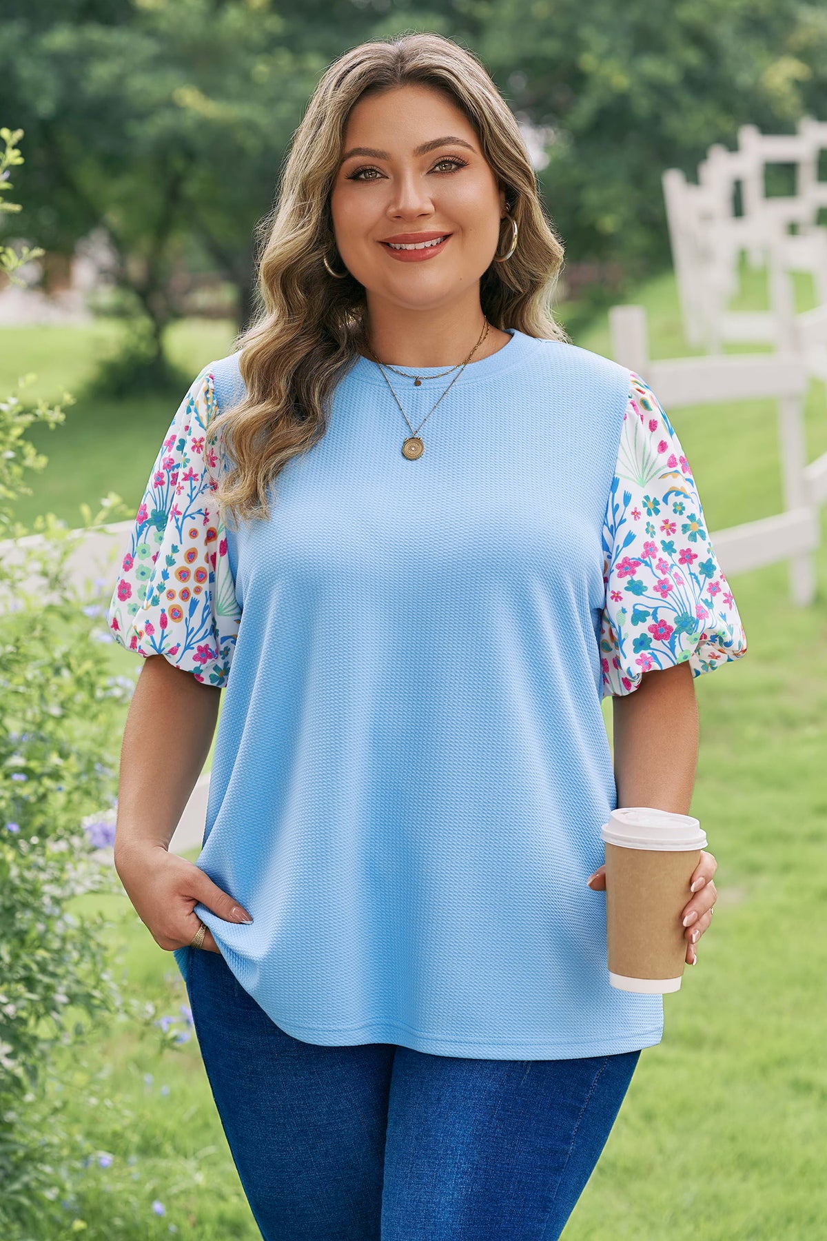 Plus Size Light Blue Textured Bodice Top With Contrast Floral Sleeves