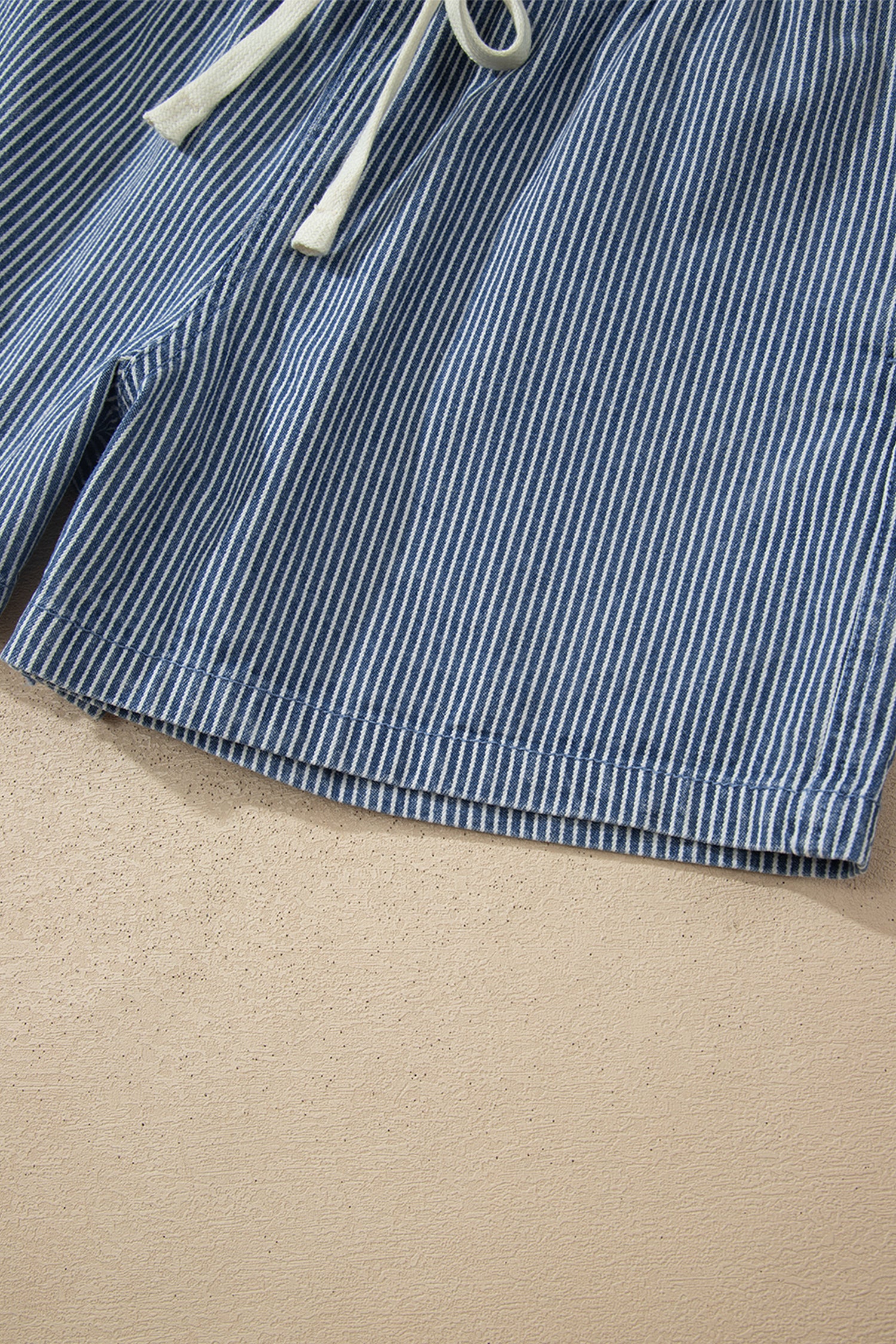 Blue Stripe Casual Denim Shorts With Drawstring Elastic Waist