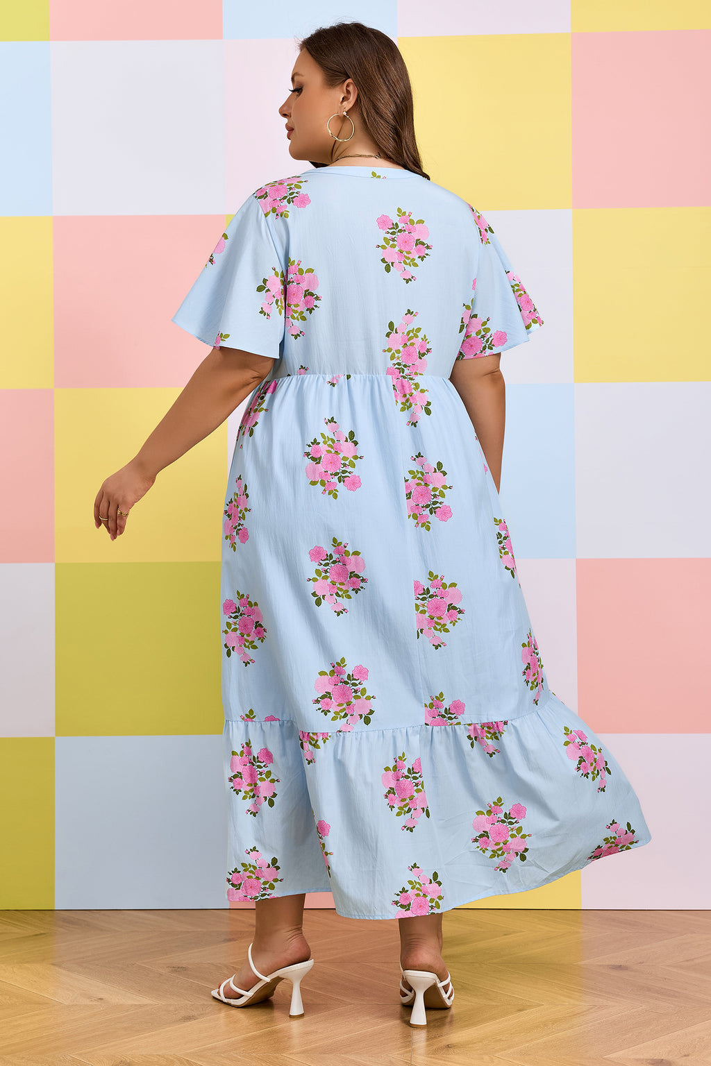 Plus Size Sky Blue Floral Print V-neck Dress With Scalloped Trim