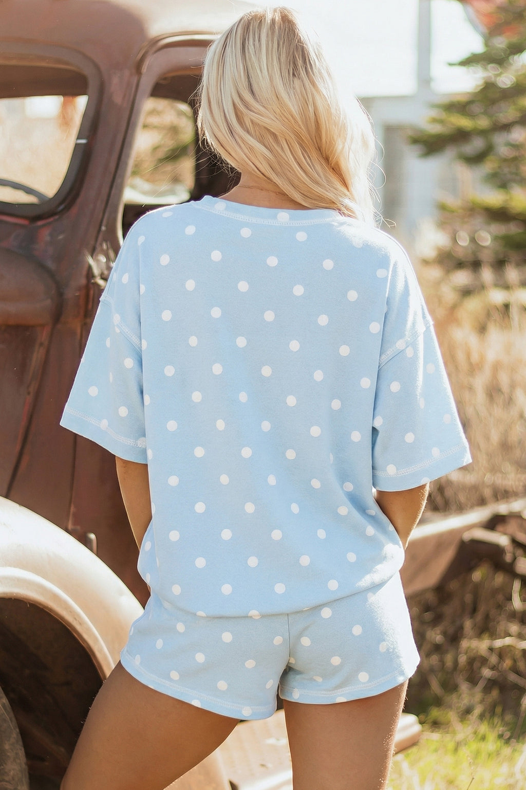 Sky Blue Exposed Seam Detail Polka Dot Loose Tee & Drawstring Shorts 2pc Set