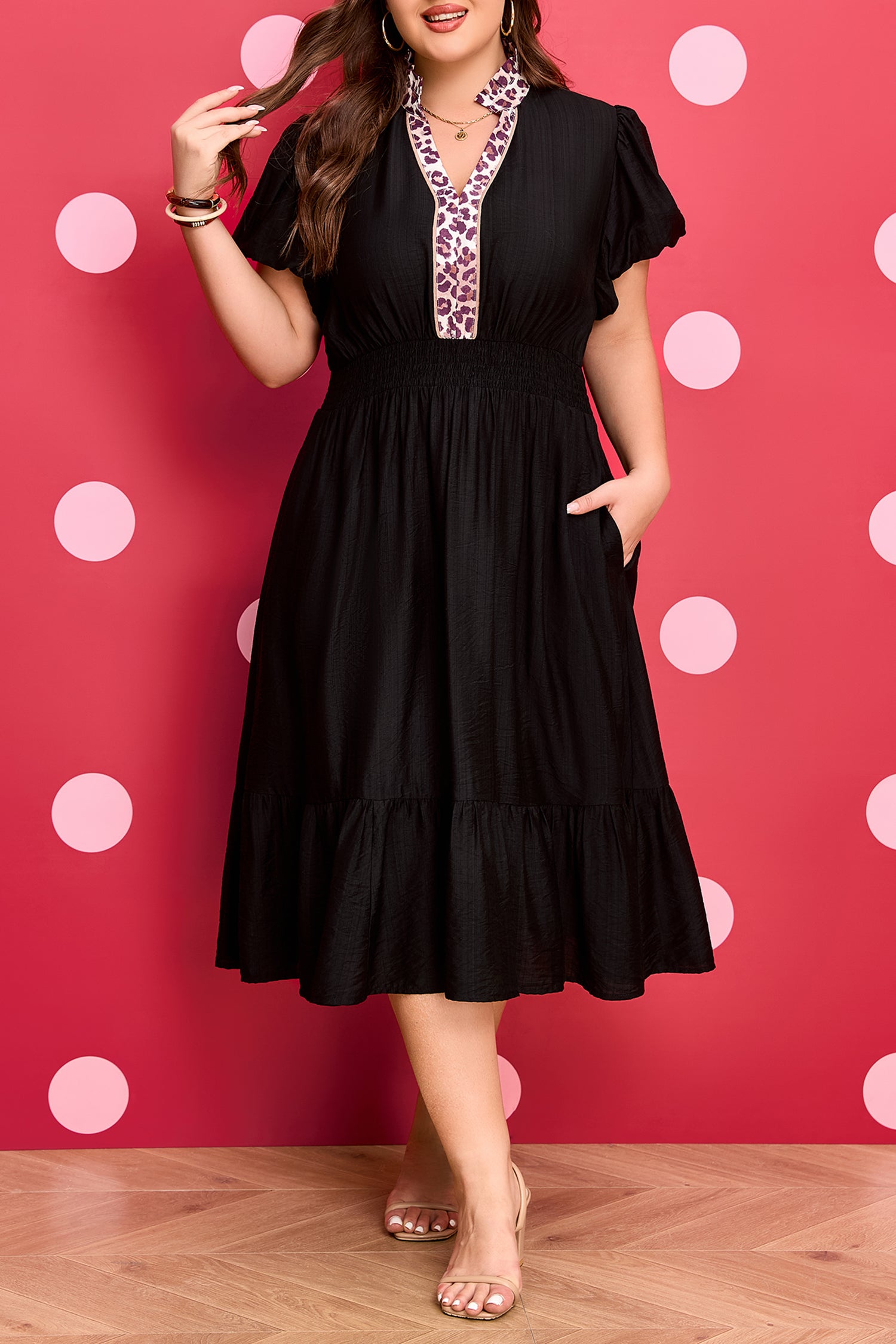 Plus Size Black Leopard V Neck Smocked Waist Ruffled Dress
