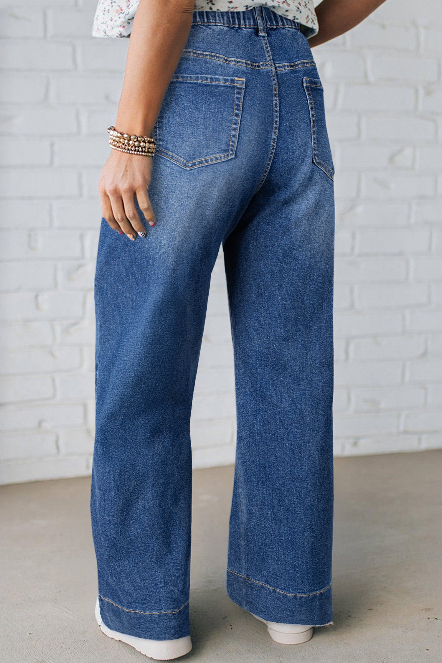 Plus Size Dark Blue Acid Wash Jeans With Drawstring