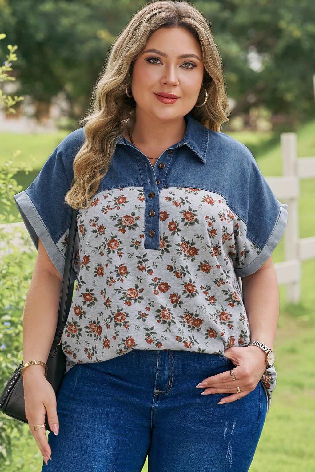Plus size Gray Retro Floral Print & Denim Patchwork Polo Tee