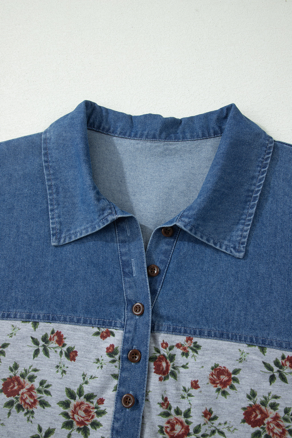 Plus size Gray Retro Floral Print & Denim Patchwork Polo Tee
