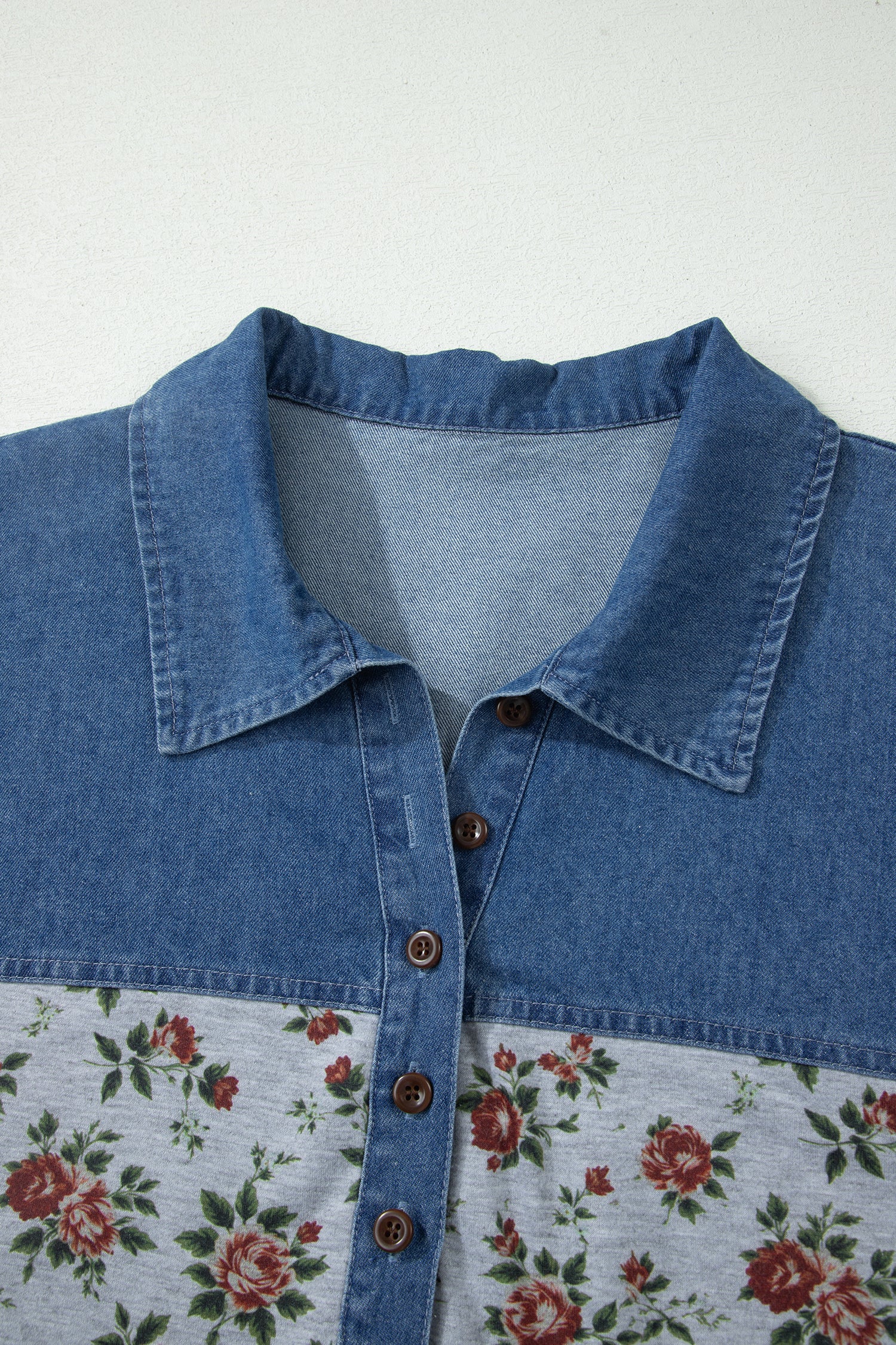 Plus size Gray Retro Floral Print & Denim Patchwork Polo Tee