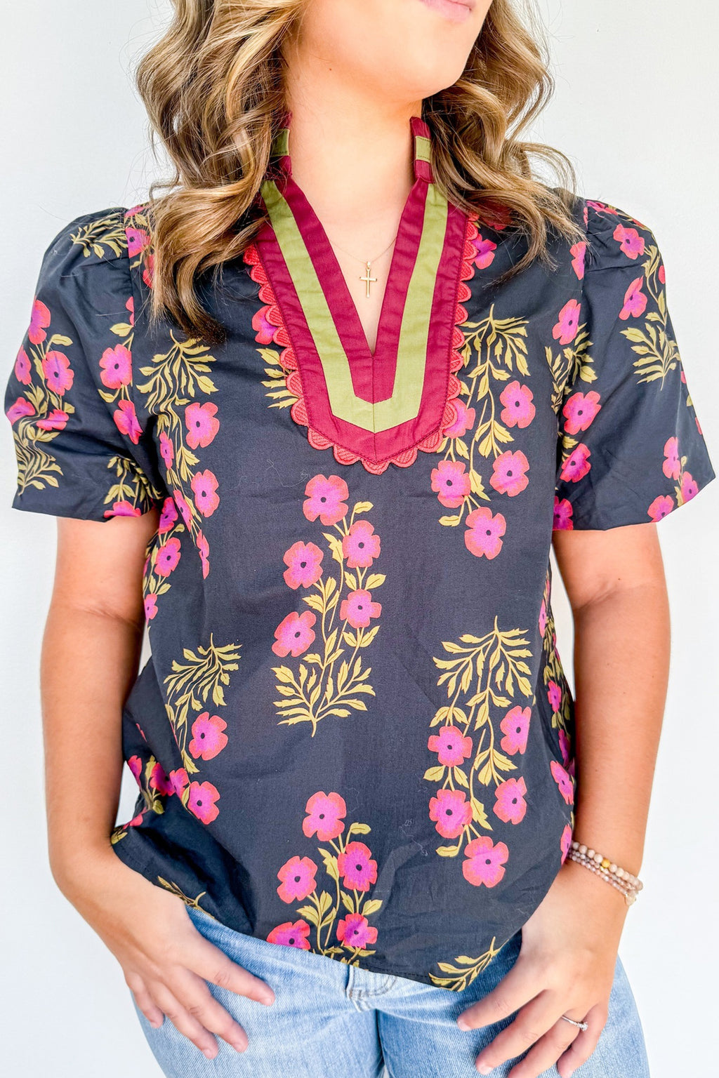 Plus Size Black Short Sleeve Cotton Blouse With Floral Print Ricrac Striped Trim