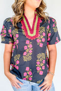 Plus Size Black Short Sleeve Cotton Blouse With Floral Print Ricrac Striped Trim
