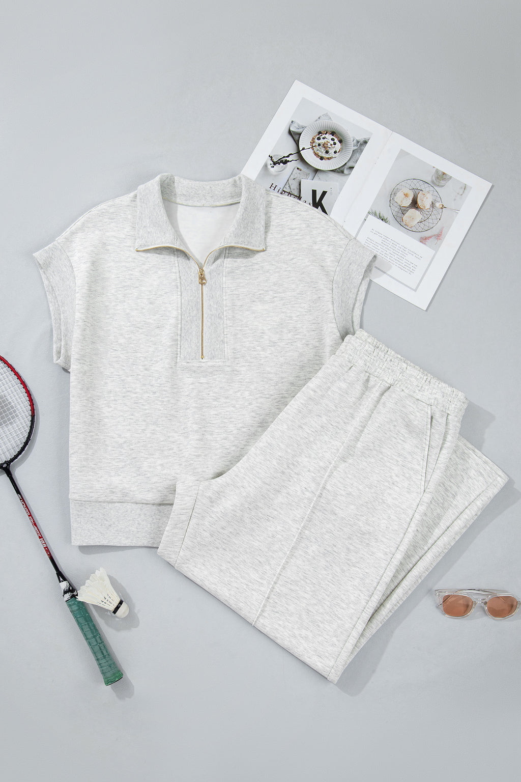 Plus Size Light Grey 2pc Outfit With Half Zip Polo Tee & Loose Pants