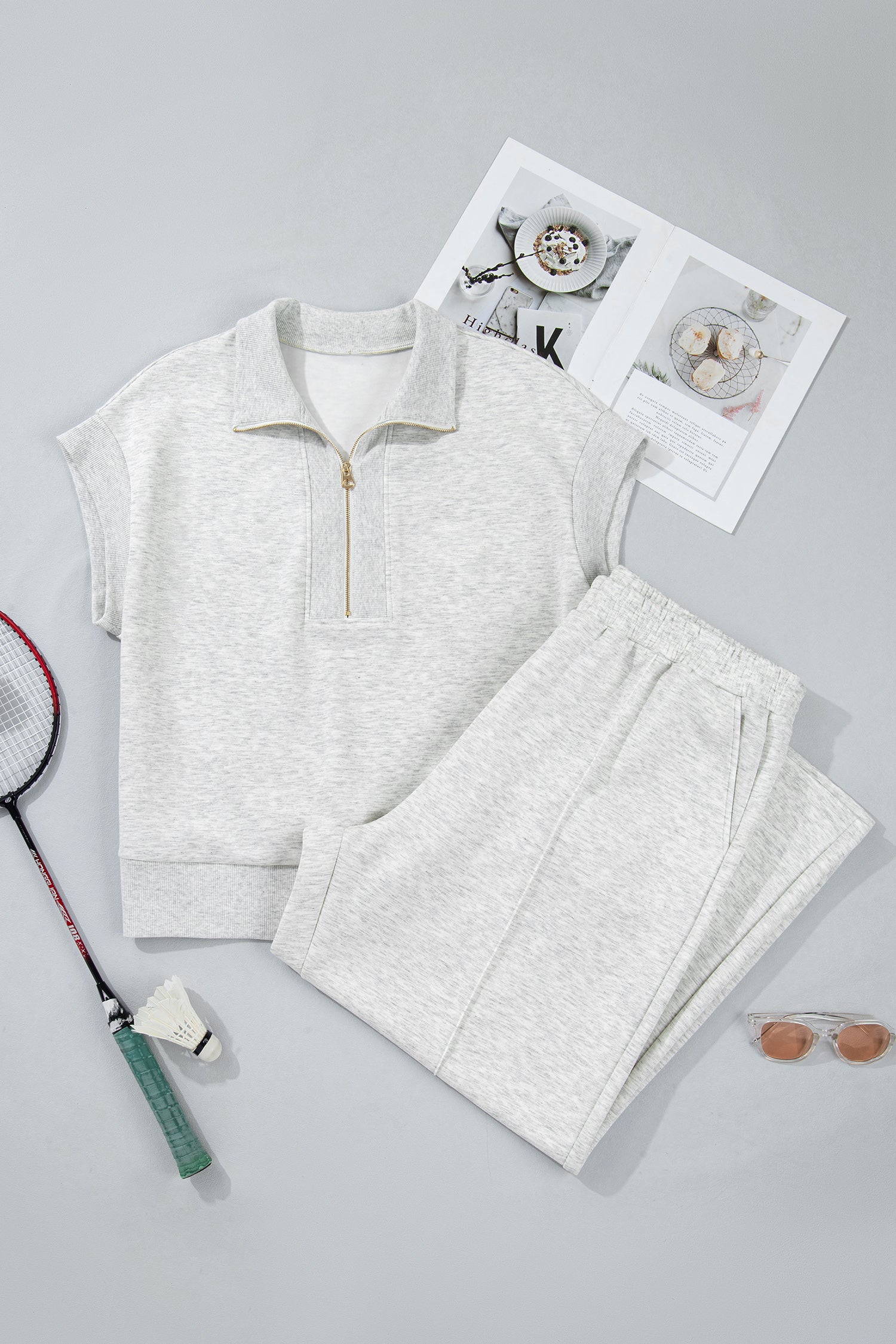 Plus Size Light Grey 2pc Outfit With Half Zip Polo Tee & Loose Pants