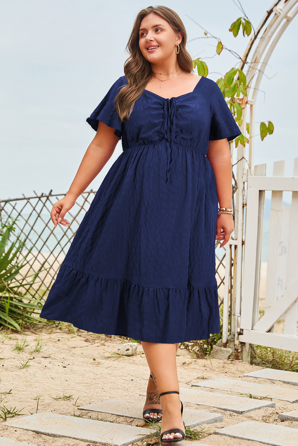 Plus Size Blue Short Sleeve Lace-up High Waist Midi Dress