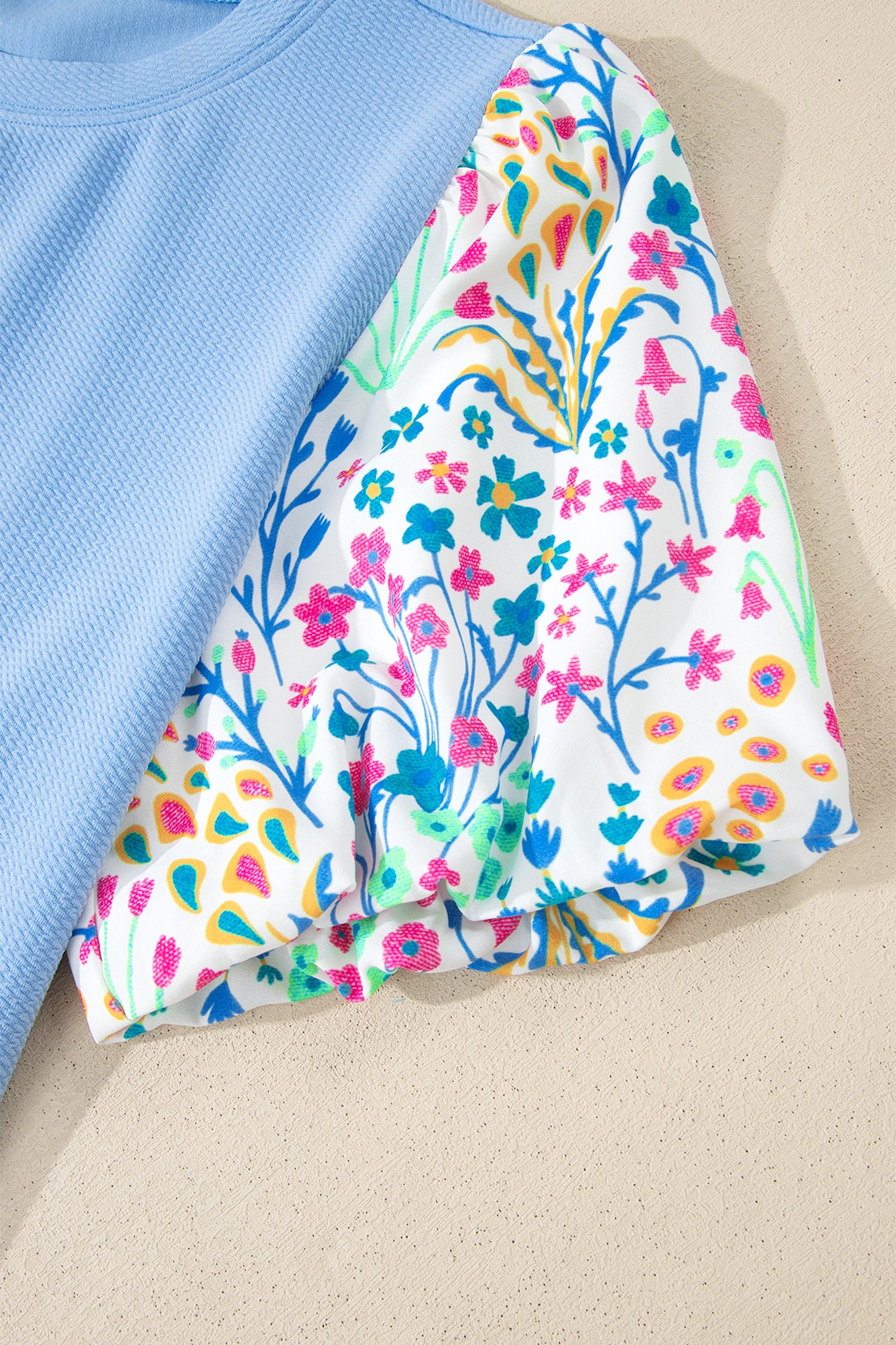 Plus Size Light Blue Textured Bodice Top With Contrast Floral Sleeves