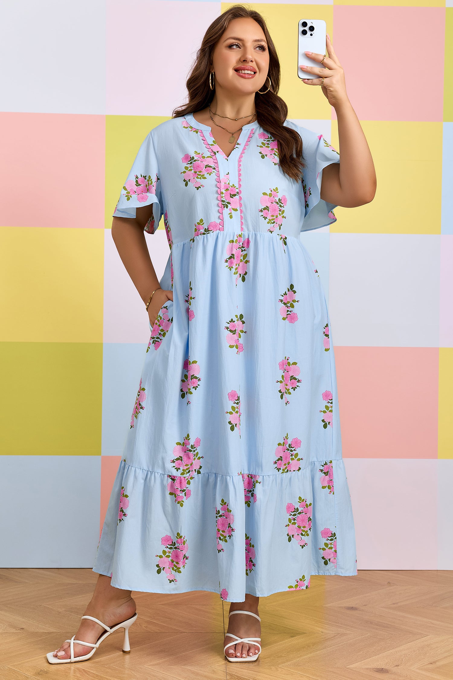 Plus Size Sky Blue Floral Print V-neck Dress With Scalloped Trim