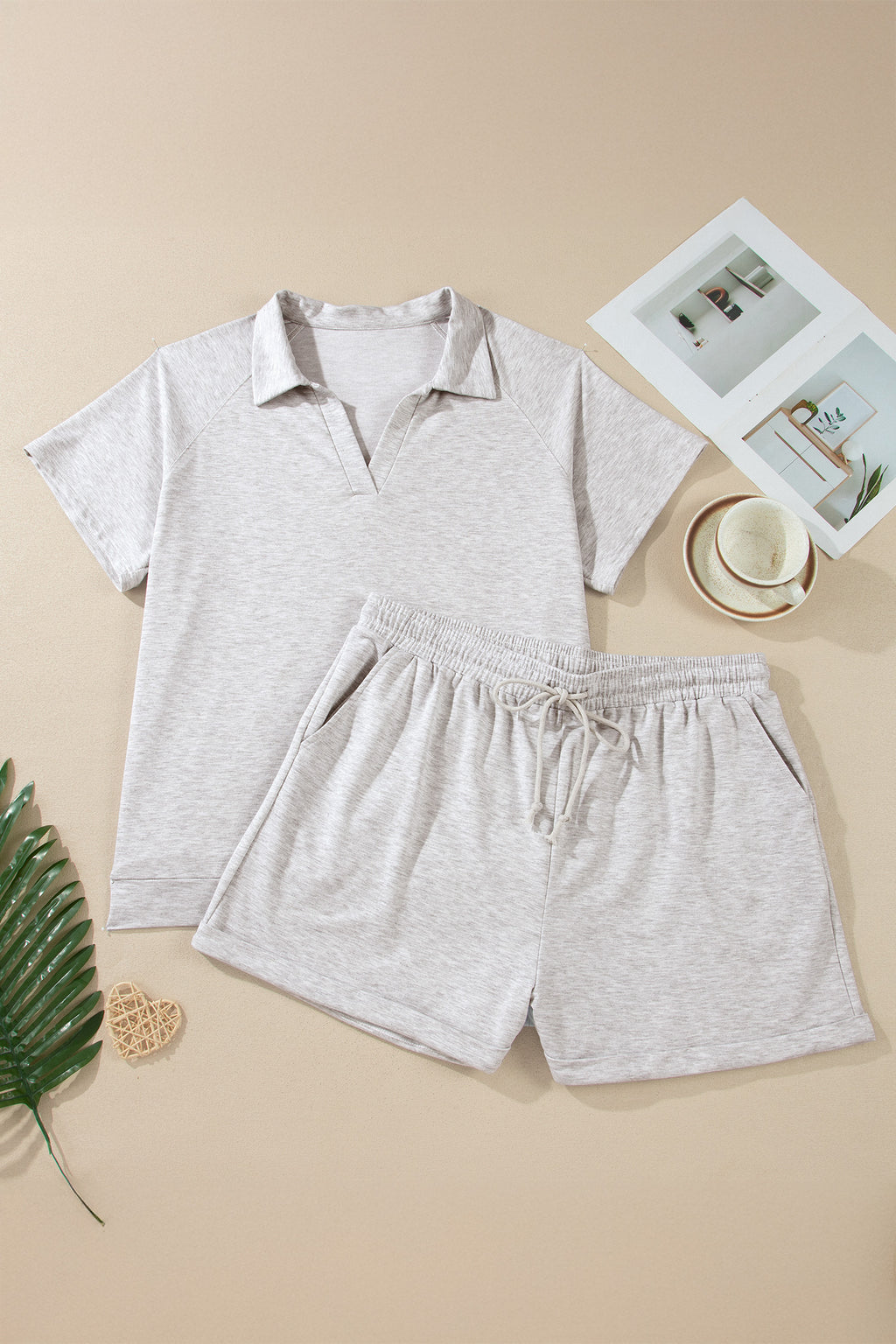Plus Size Light Grey 2pc Set With V-Neck Short Sleeve Tee & Elastic Waist Shorts