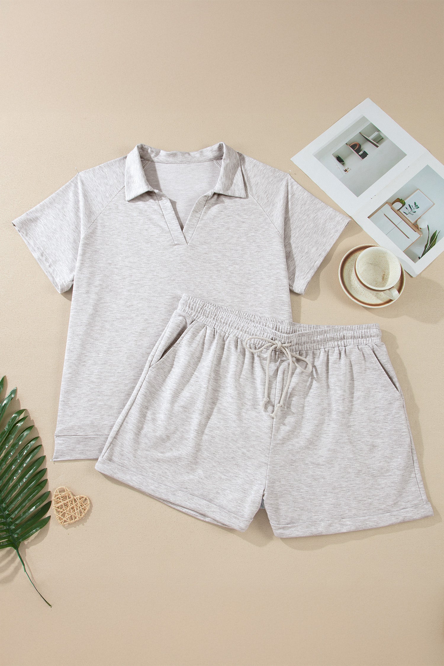 Plus Size Light Grey 2pc Set With V-Neck Short Sleeve Tee & Elastic Waist Shorts