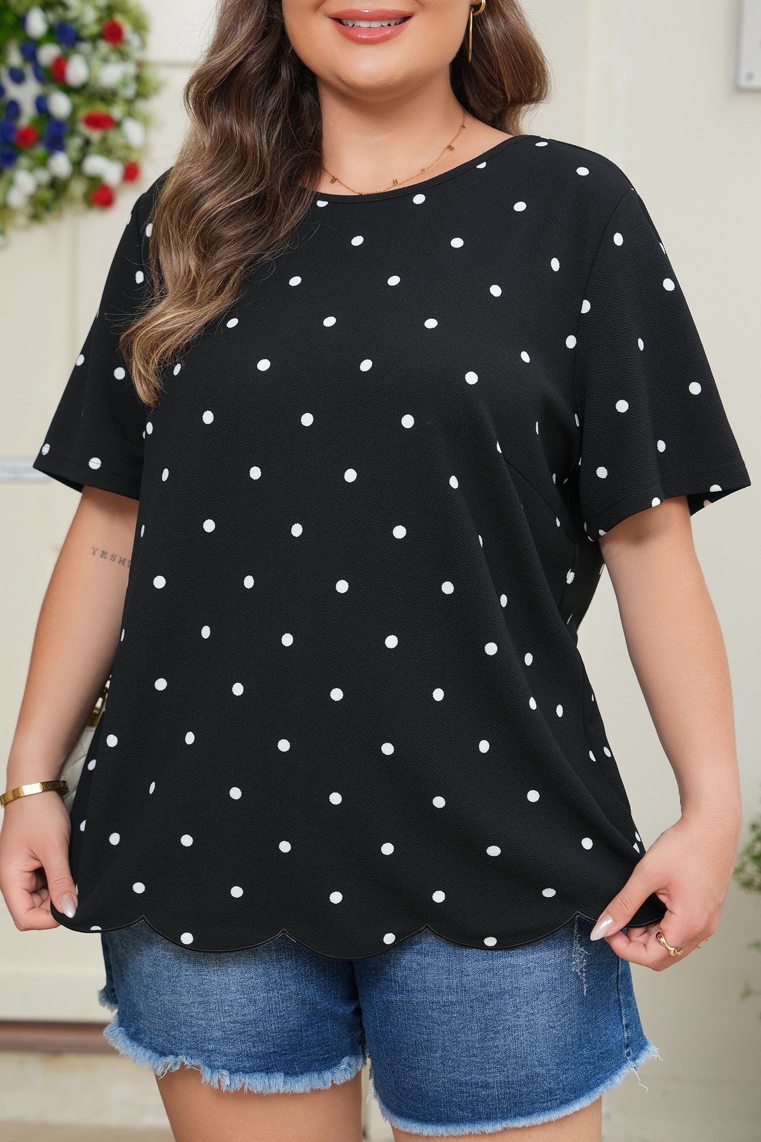 Plus Size Black Dotted Casual Tee