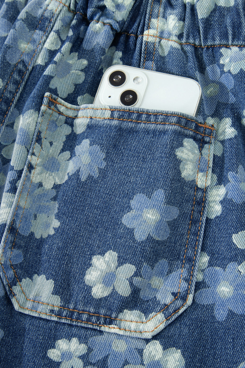 Sky Blue Dainty Floral Print Drawstring Barrel Jeans