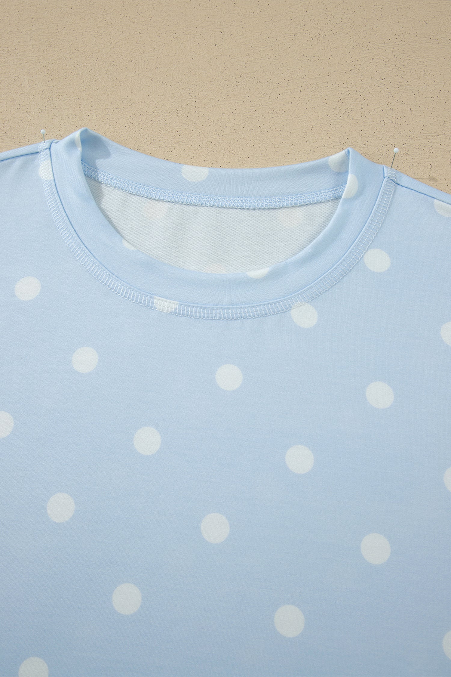 Sky Blue Exposed Seam Detail Polka Dot Loose Tee & Drawstring Shorts 2pc Set