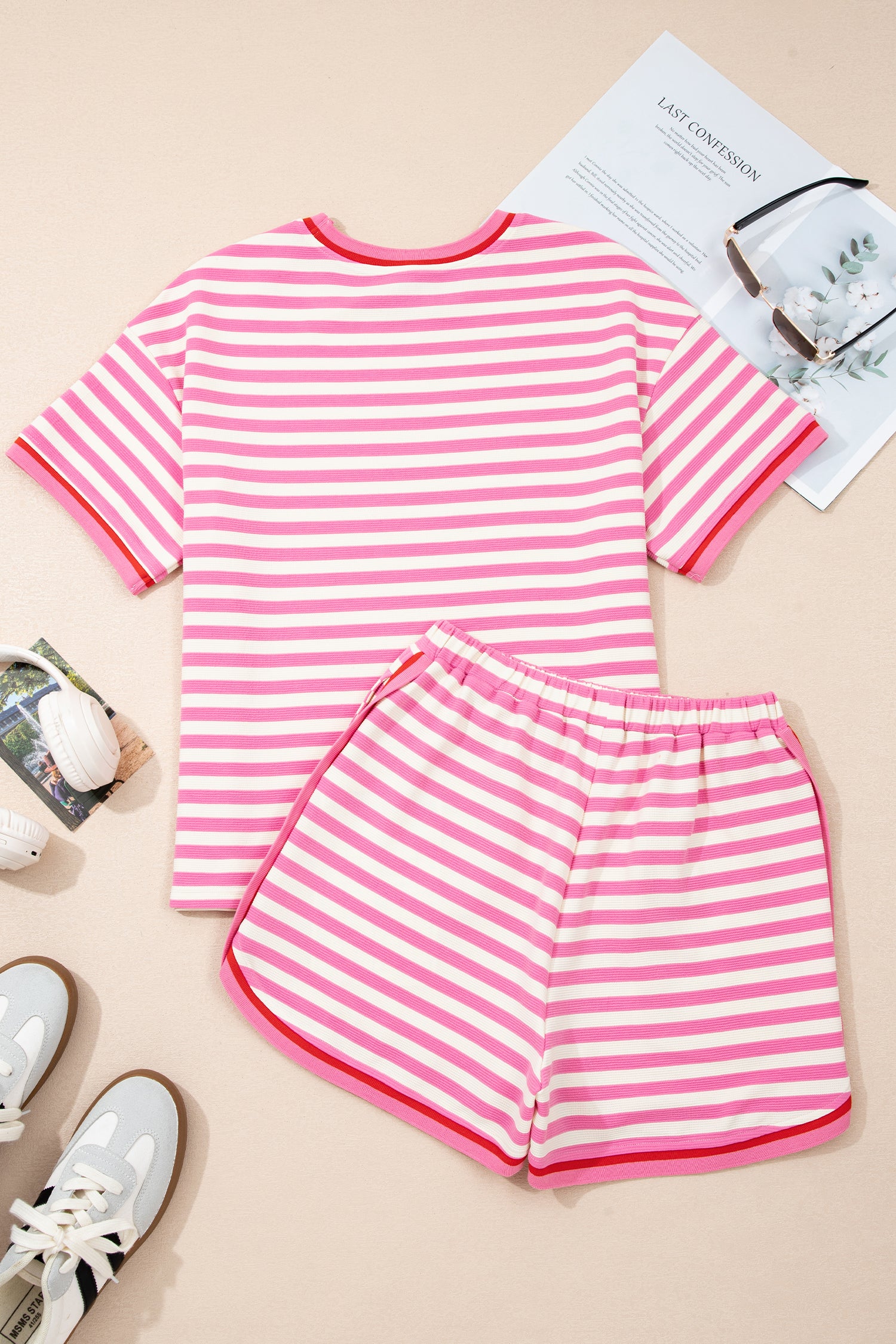 Pink Stripe Short Sleeve Top & Loose Shorts 2pcs Casual Outfit