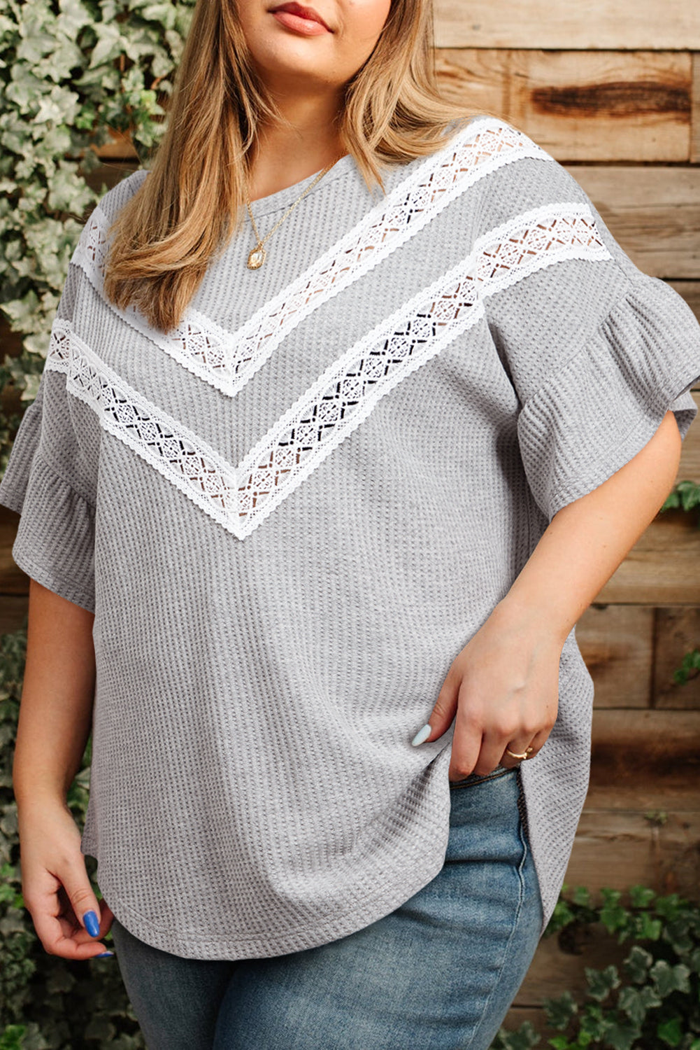 Plus Size Light Grey With Lace Insert Ruffle Short Sleeve Waffle Top