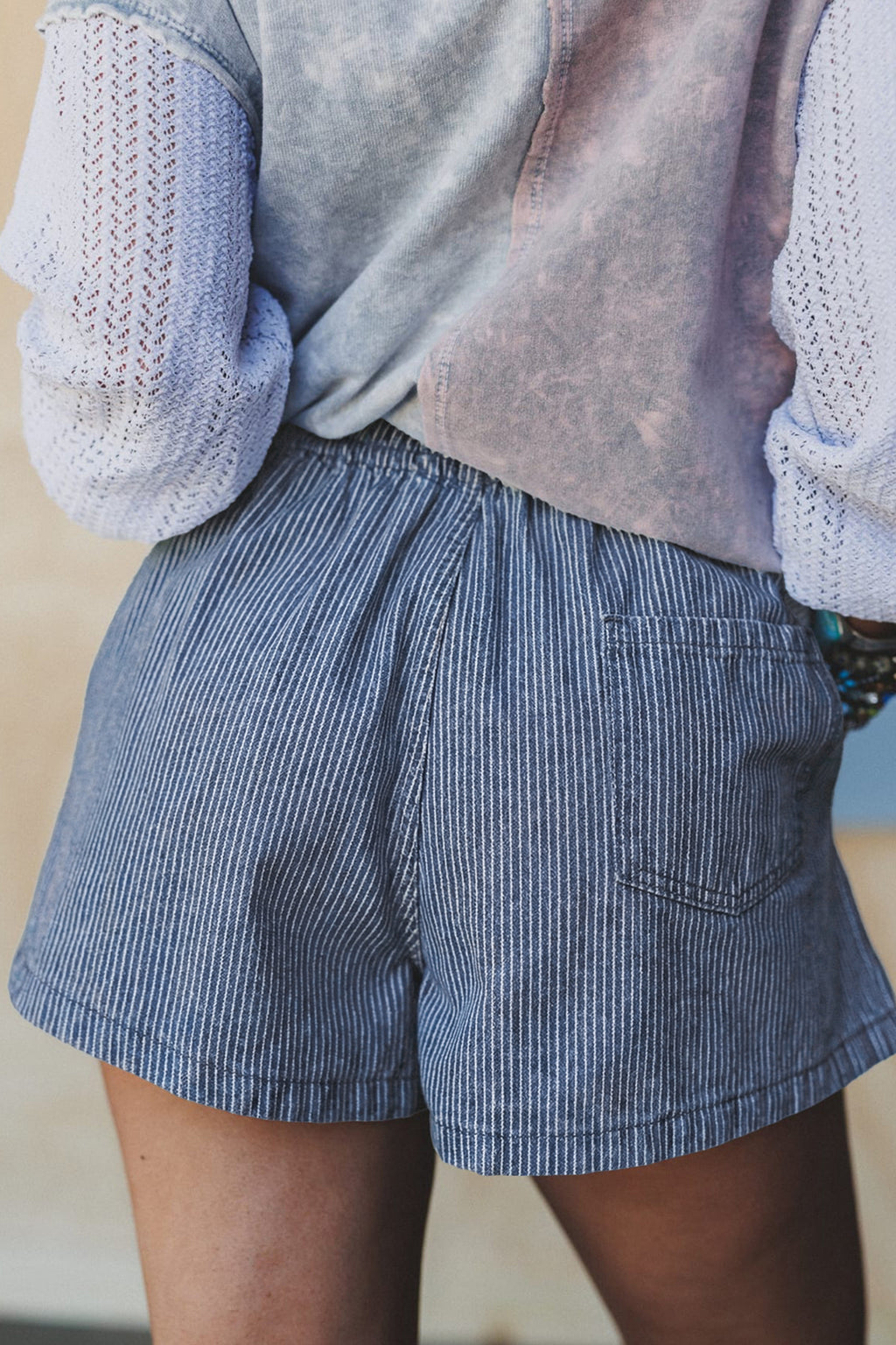 Blue Stripe Casual Denim Shorts With Drawstring Elastic Waist
