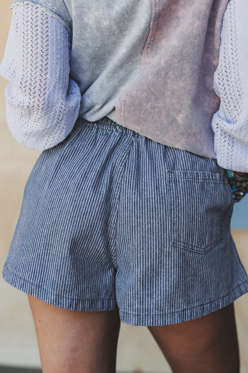 Blue Stripe Casual Denim Shorts With Drawstring Elastic Waist