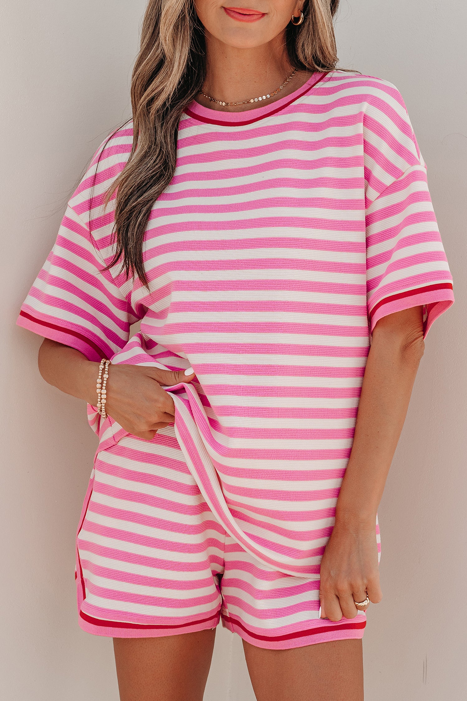 Pink Stripe Short Sleeve Top & Loose Shorts 2pcs Casual Outfit