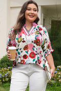 Plus Size V-Neck Floral Print Blouse With Short Puff Sleeves