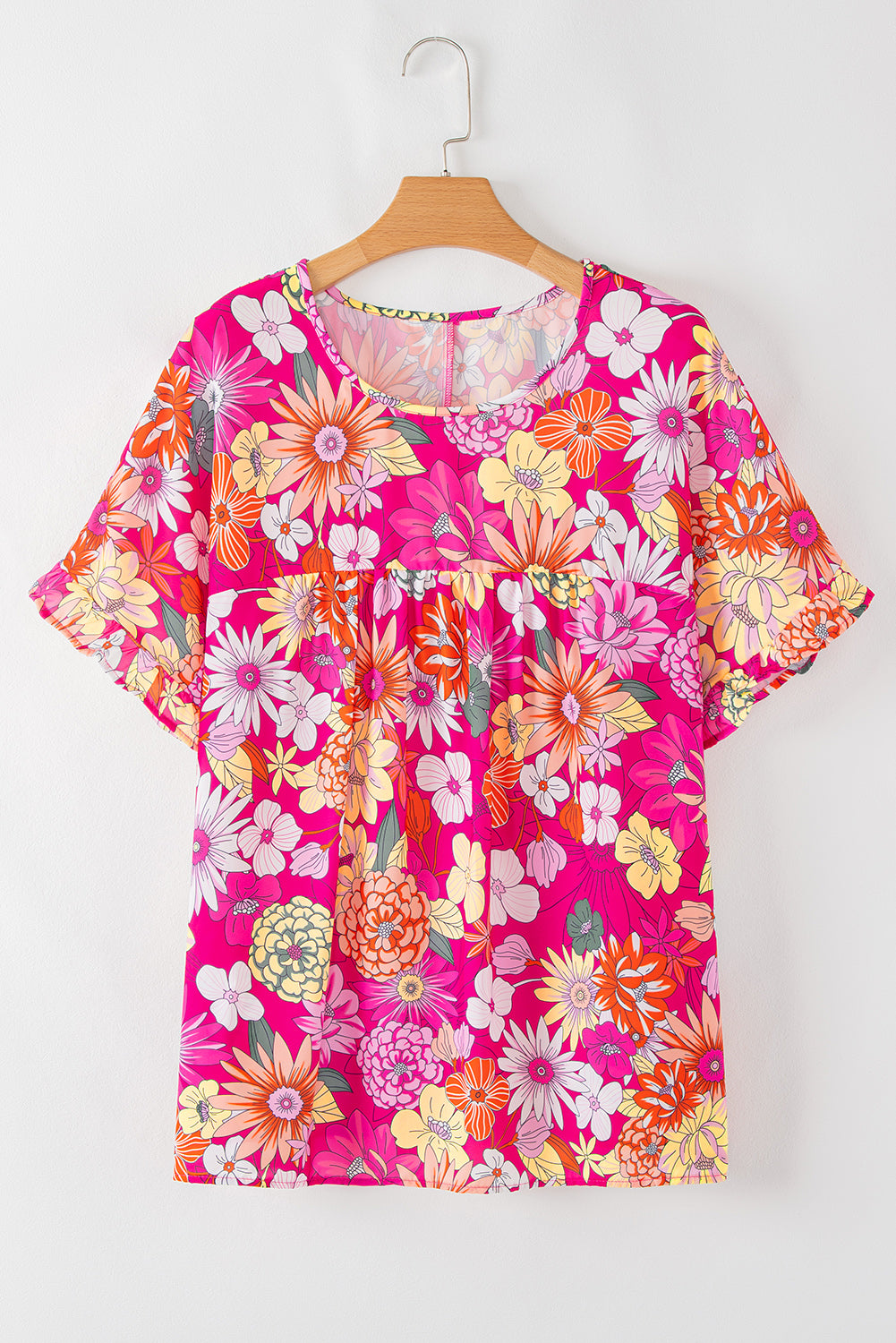 Plus Size Pink Floral Print Short, Ruffle Sleeve Blouse