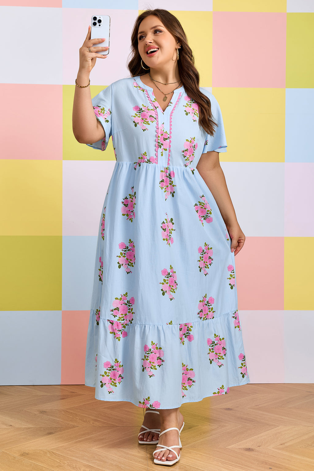 Plus Size Sky Blue Floral Print V-neck Dress With Scalloped Trim