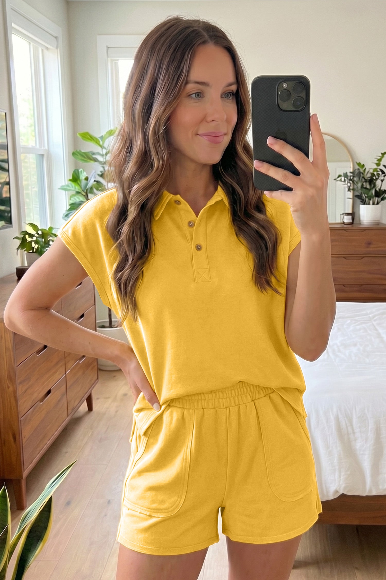 Banana Cream Loose Polo Tee & Elastic Waist Shorts Set