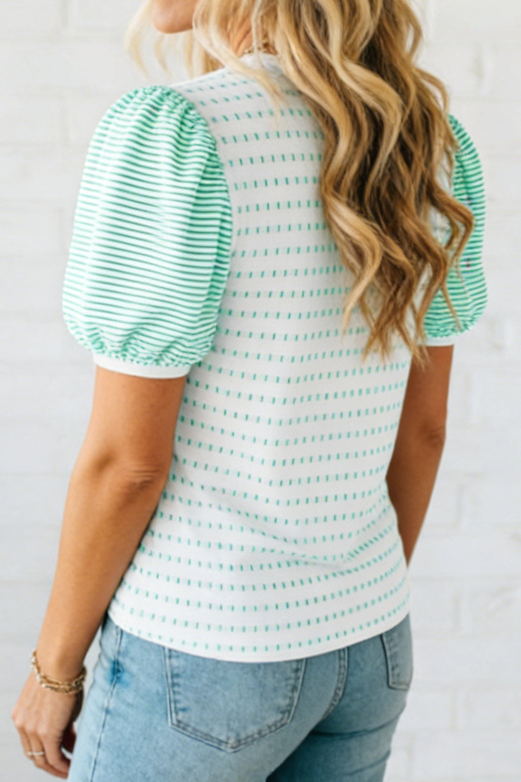 Green Striped Top With Short Puff Sleeves