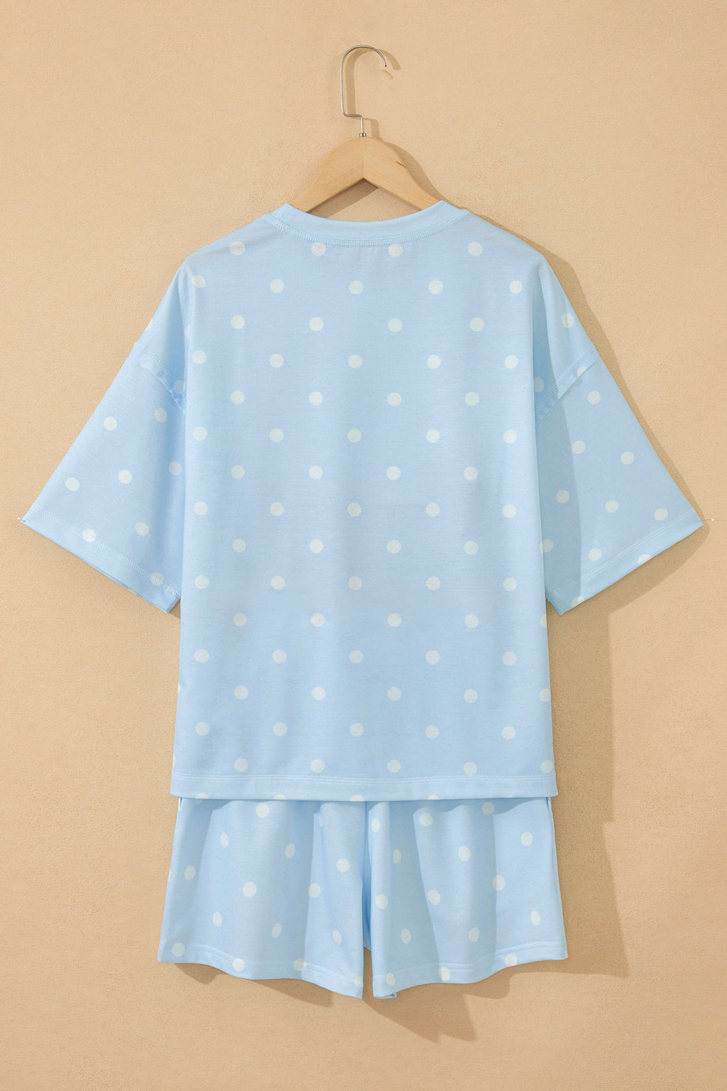 Sky Blue Exposed Seam Detail Polka Dot Loose Tee & Drawstring Shorts 2pc Set