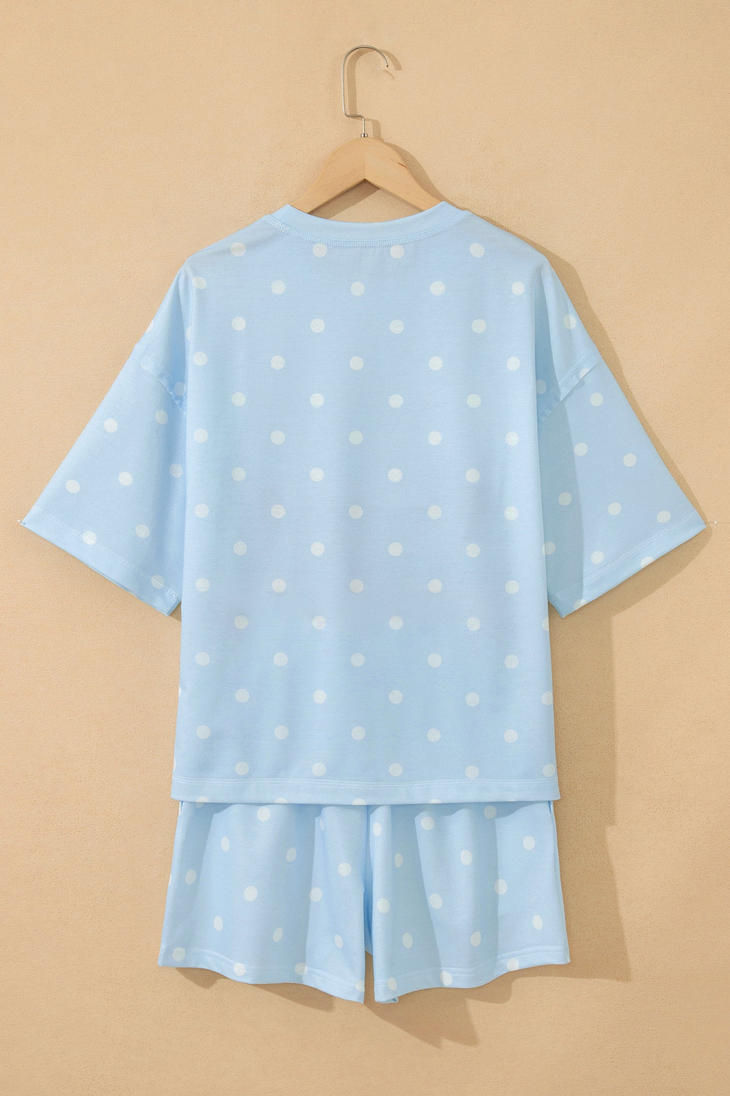 Sky Blue Exposed Seam Detail Polka Dot Loose Tee & Drawstring Shorts 2pc Set