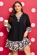 Plus Size Black Leopard Patchwork V Neck Mini Dress With 3/4 Sleeves & Ruffle Hem