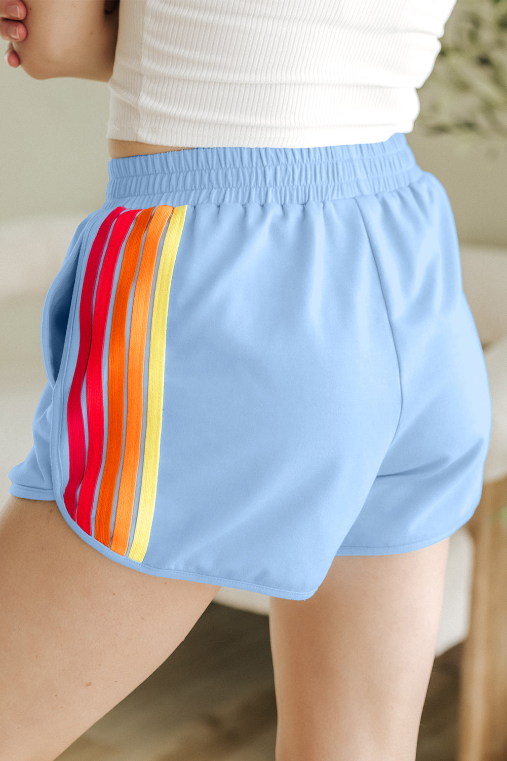 Beau Blue Elastic & High Waste Active Shorts With Color Block Stripes