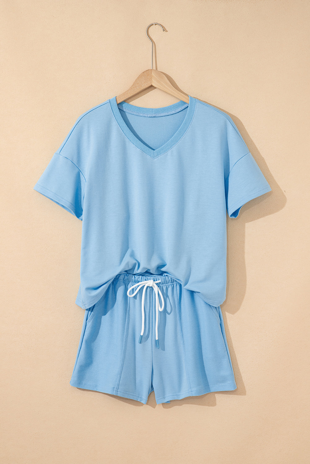V-Neck Drop Shoulder Tee & Patchwork Shorts With Drawstring & Elastic Waistband 2pc set