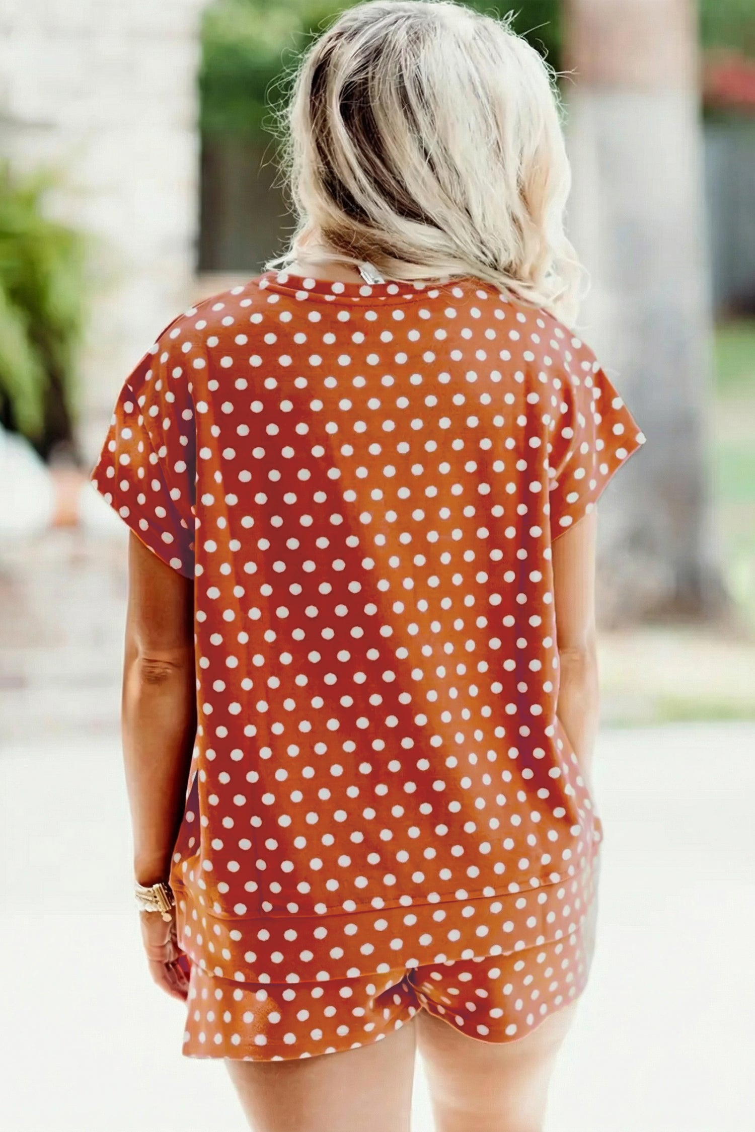 Plus Size 2pc Brown Polka Dot Print Dropped Shoulder Tee & Shorts Set