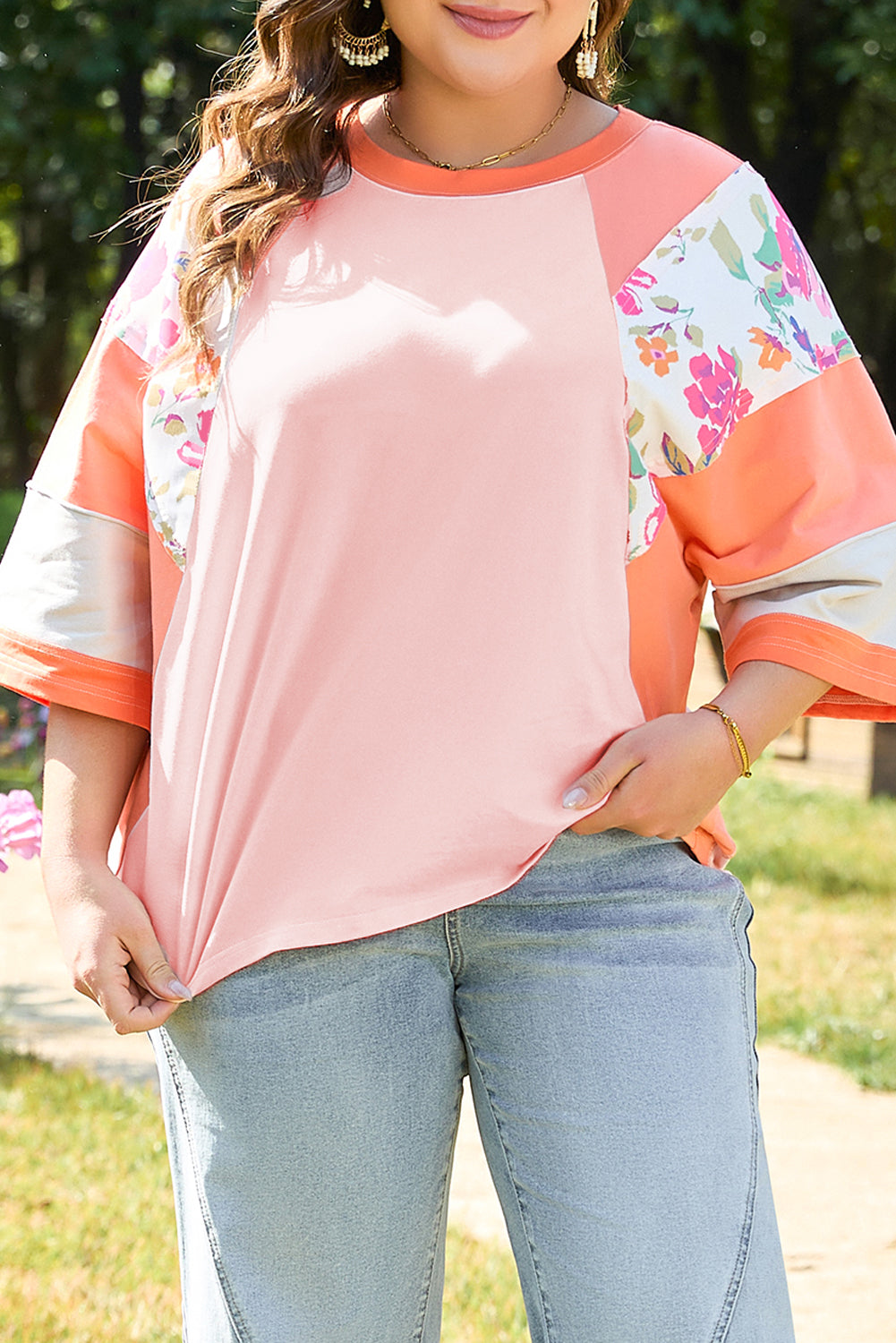 Plus Size Orange Floral Print Patchwork Half Sleeve Raglan Top