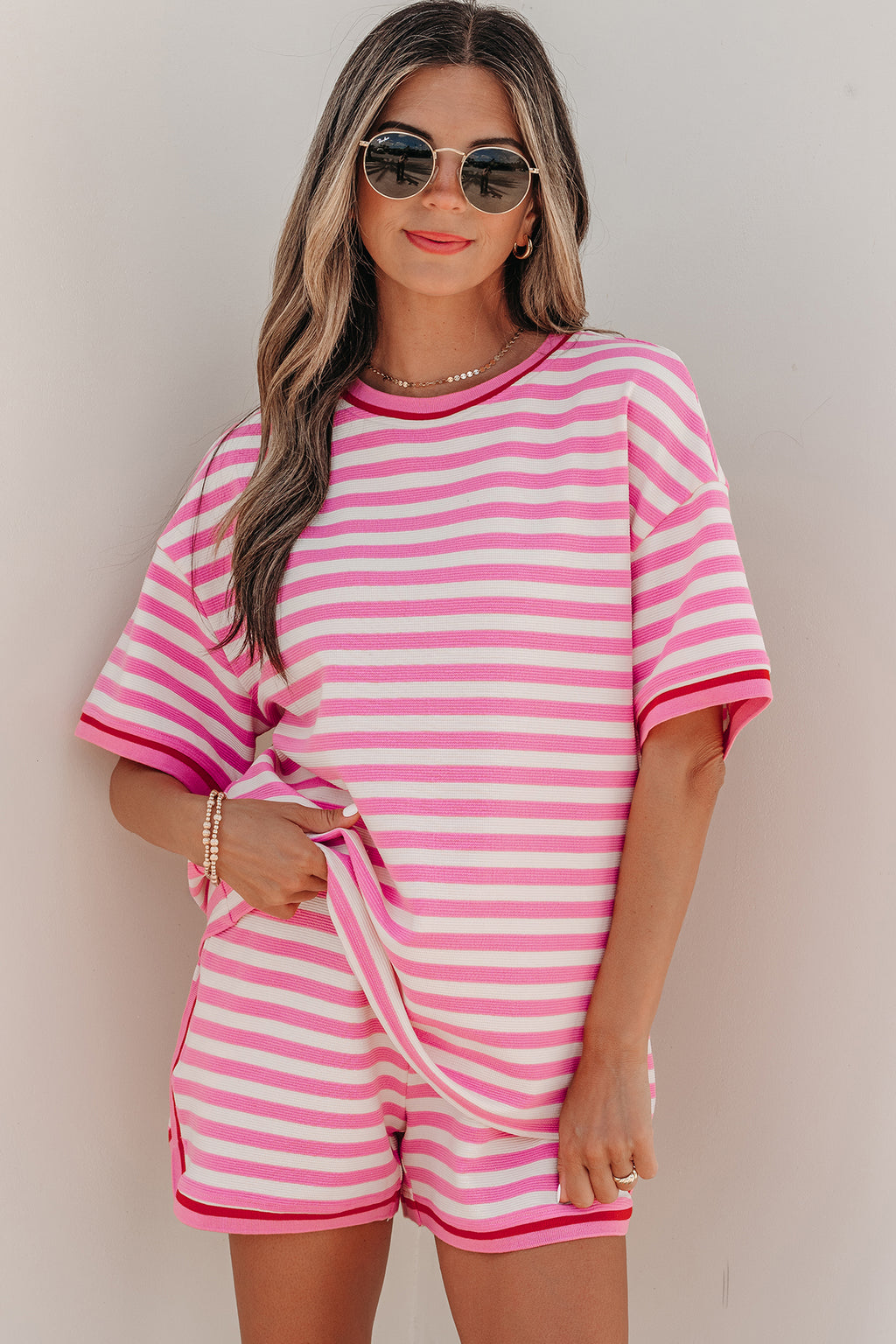 Pink Stripe Short Sleeve Top & Loose Shorts 2pcs Casual Outfit