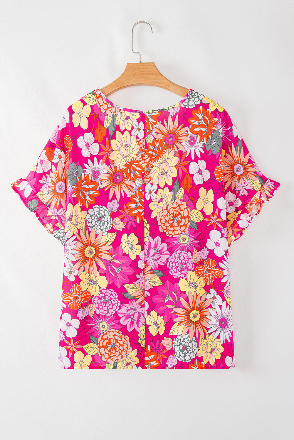 Plus Size Pink Floral Print Short, Ruffle Sleeve Blouse