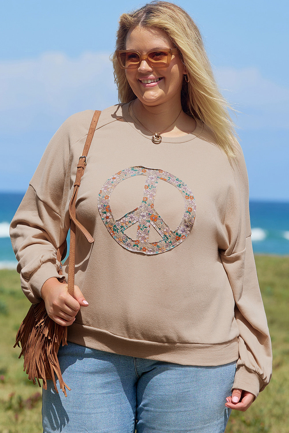 Plus Size Khaki Peace Sign Washed Terry Graphic Sweatshirt