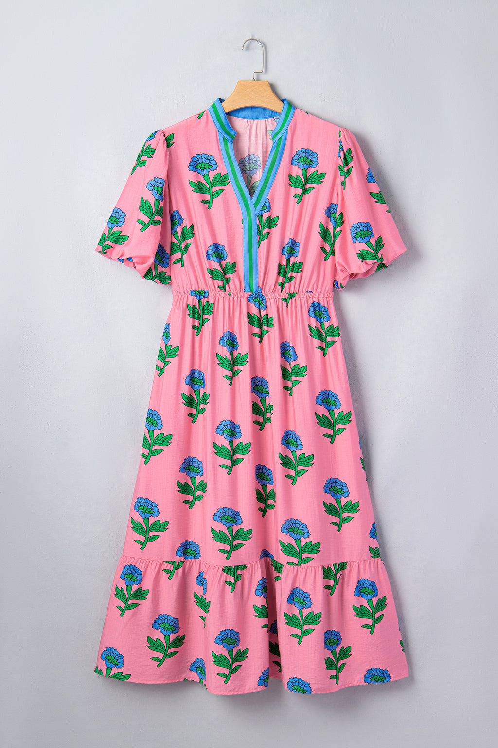 Plus Size Pink Floral V-Neck Ruffled Maxi Dress