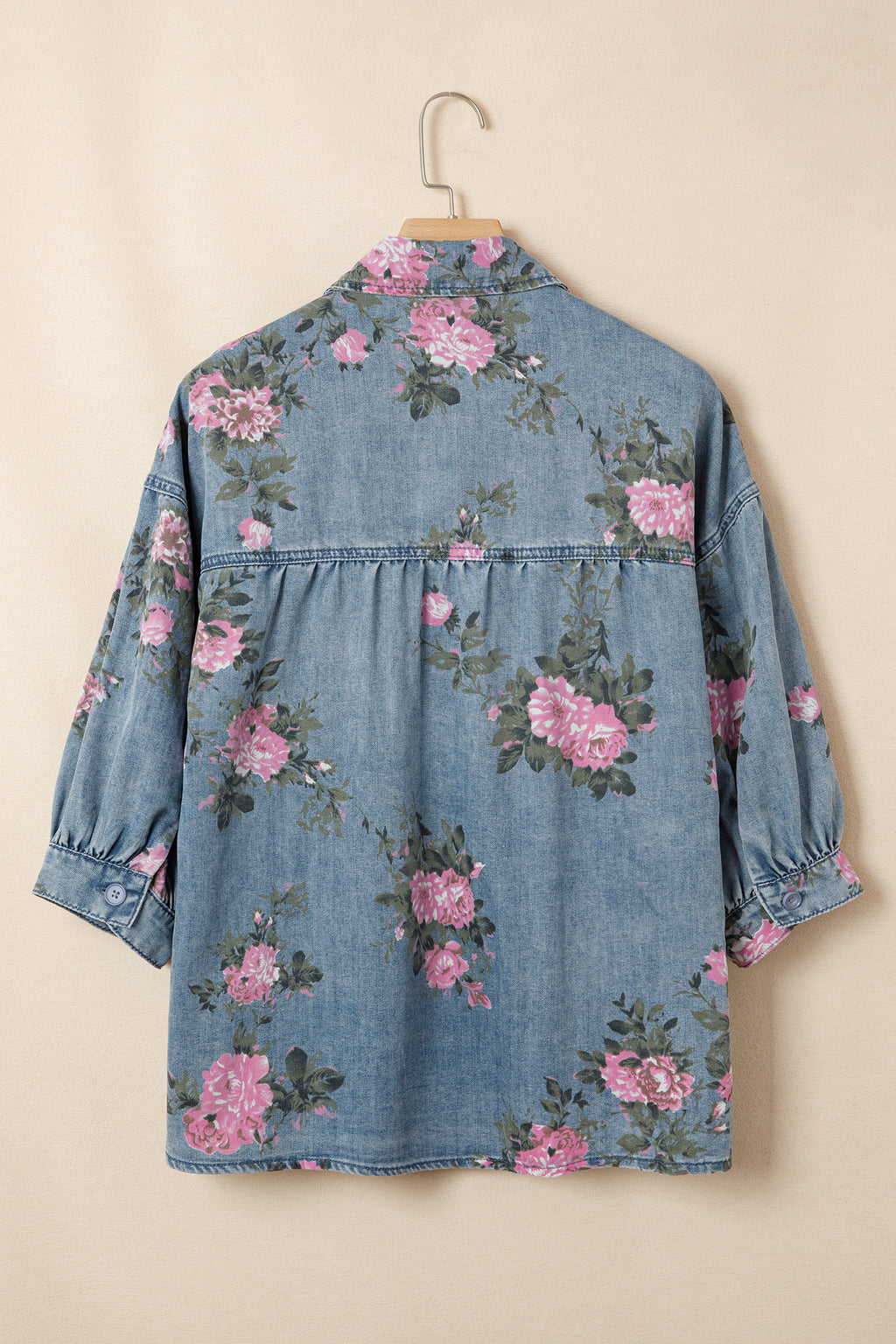 Blue Bracelet Sleeve Denim Floral Print Shirt