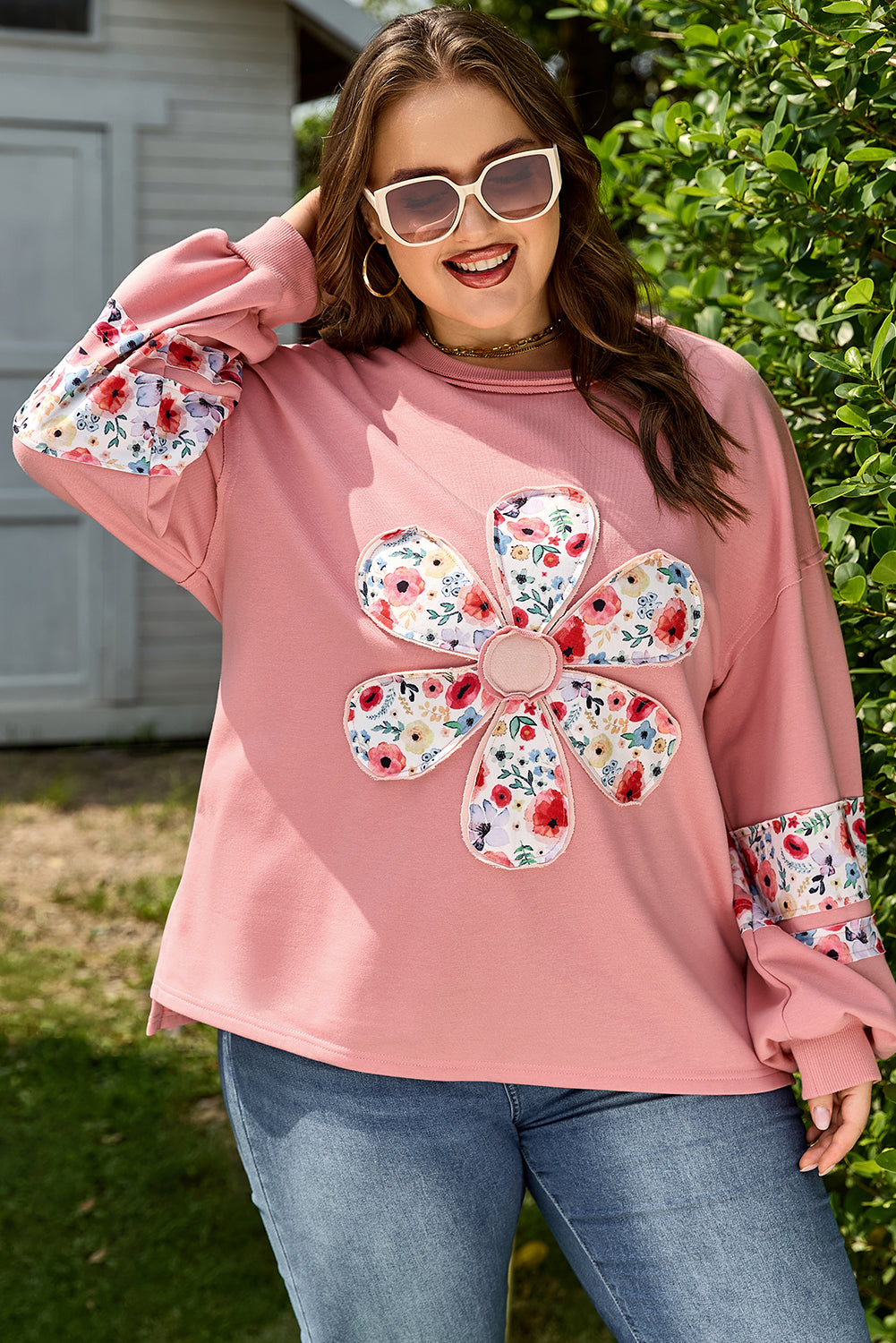 Plus Size Peach With Floral Applique Drop Shoulder Sweatshirt