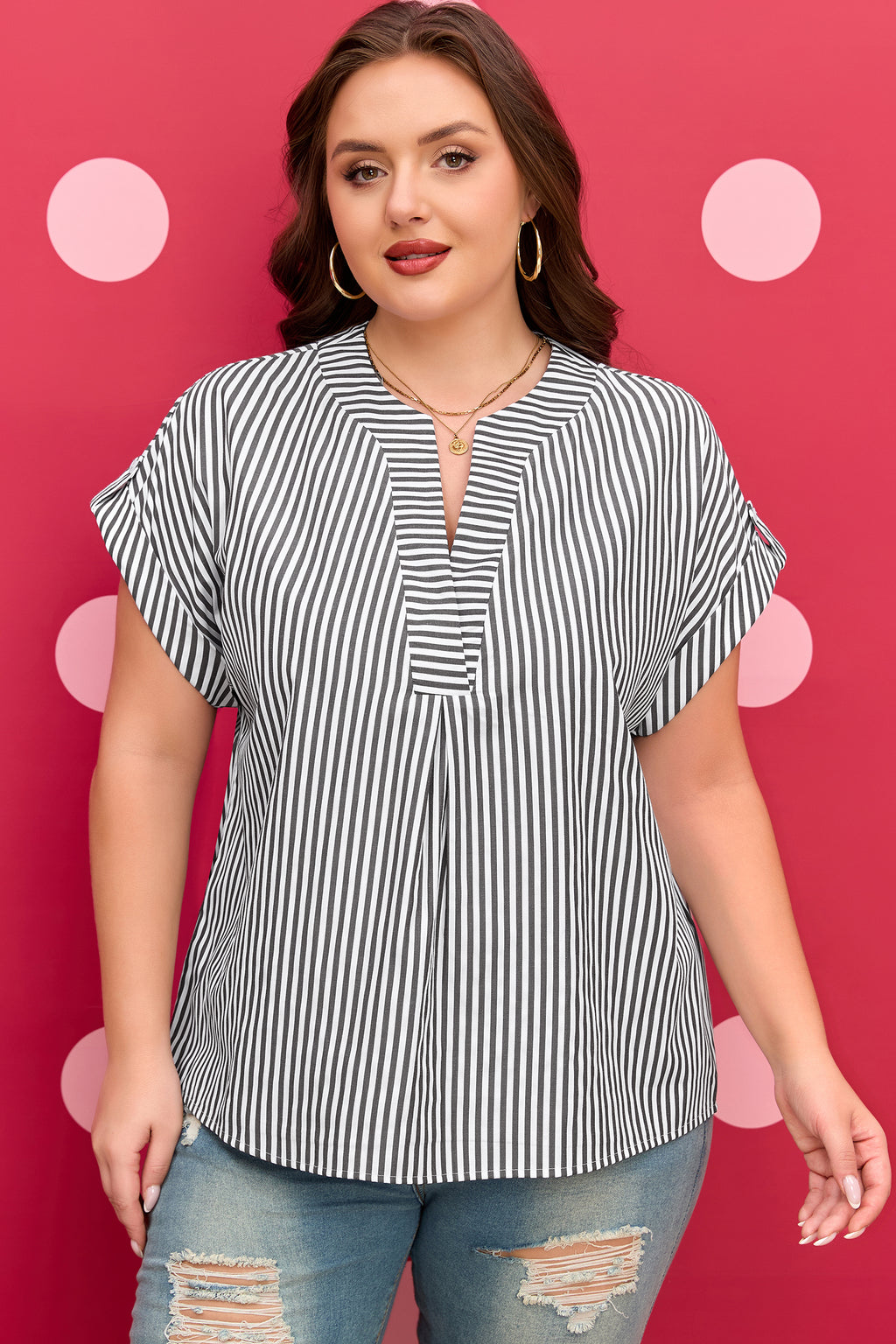 Plus Size Black Stripe Short Dolman Sleeve V Neck Roll-tab Blouse
