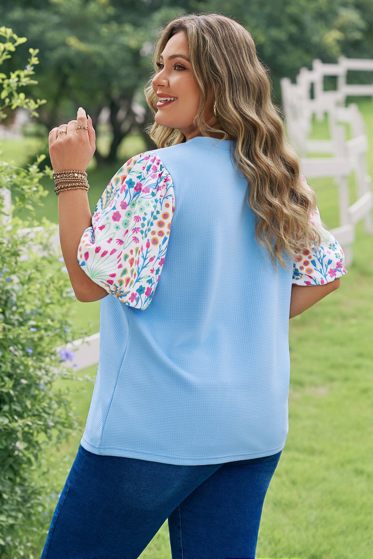 Plus Size Light Blue Textured Bodice Top With Contrast Floral Sleeves