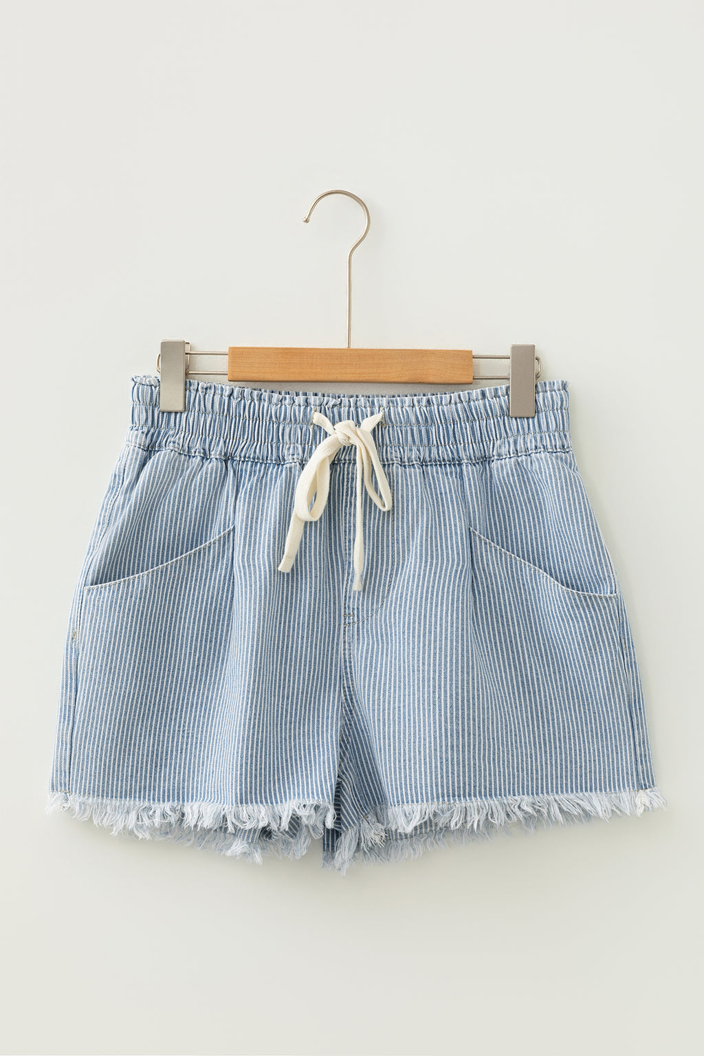 Sky Blue Stripe & Raw Edge Denim Shorts With Elastic Drawstring Waist