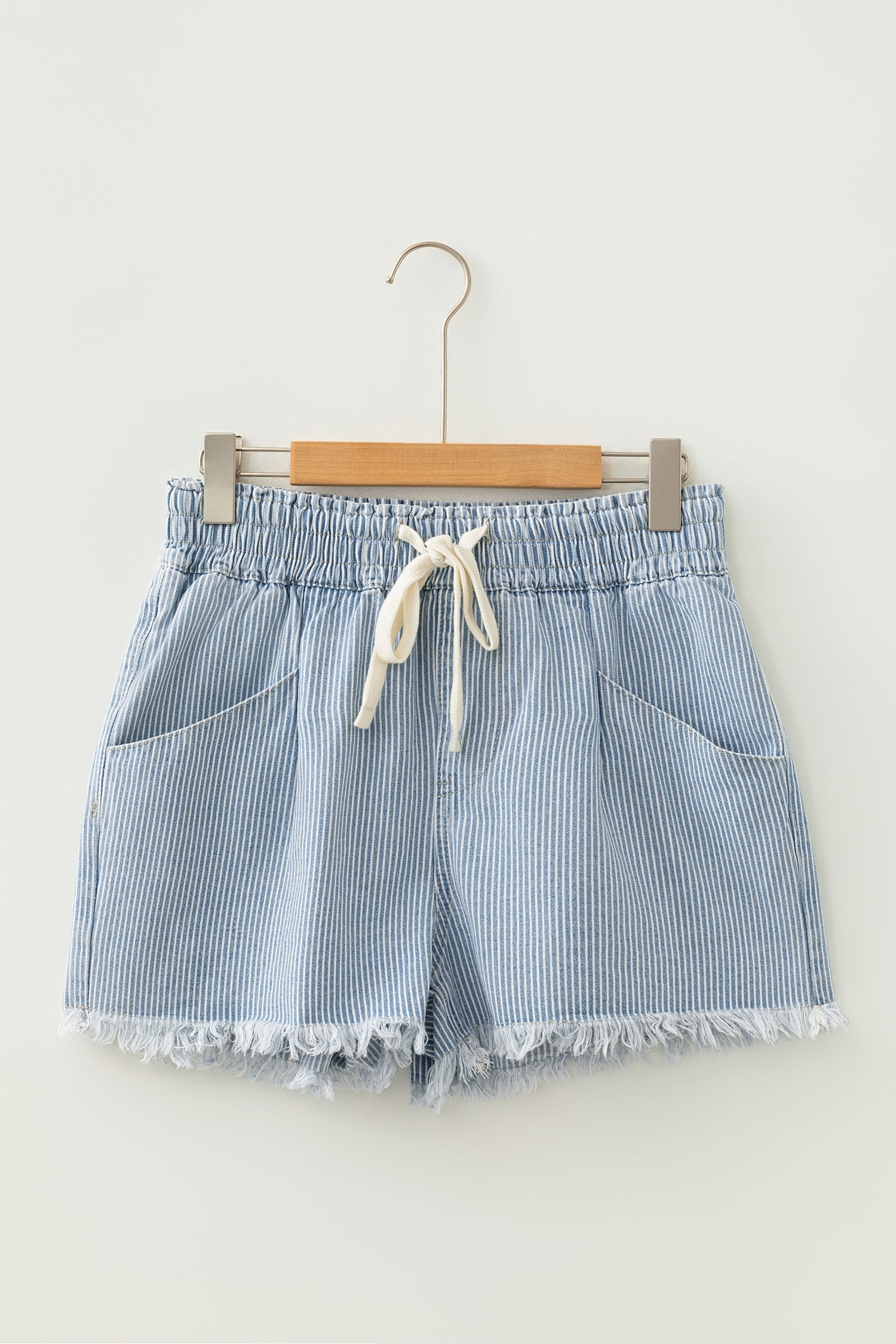 Sky Blue Stripe & Raw Edge Denim Shorts With Elastic Drawstring Waist